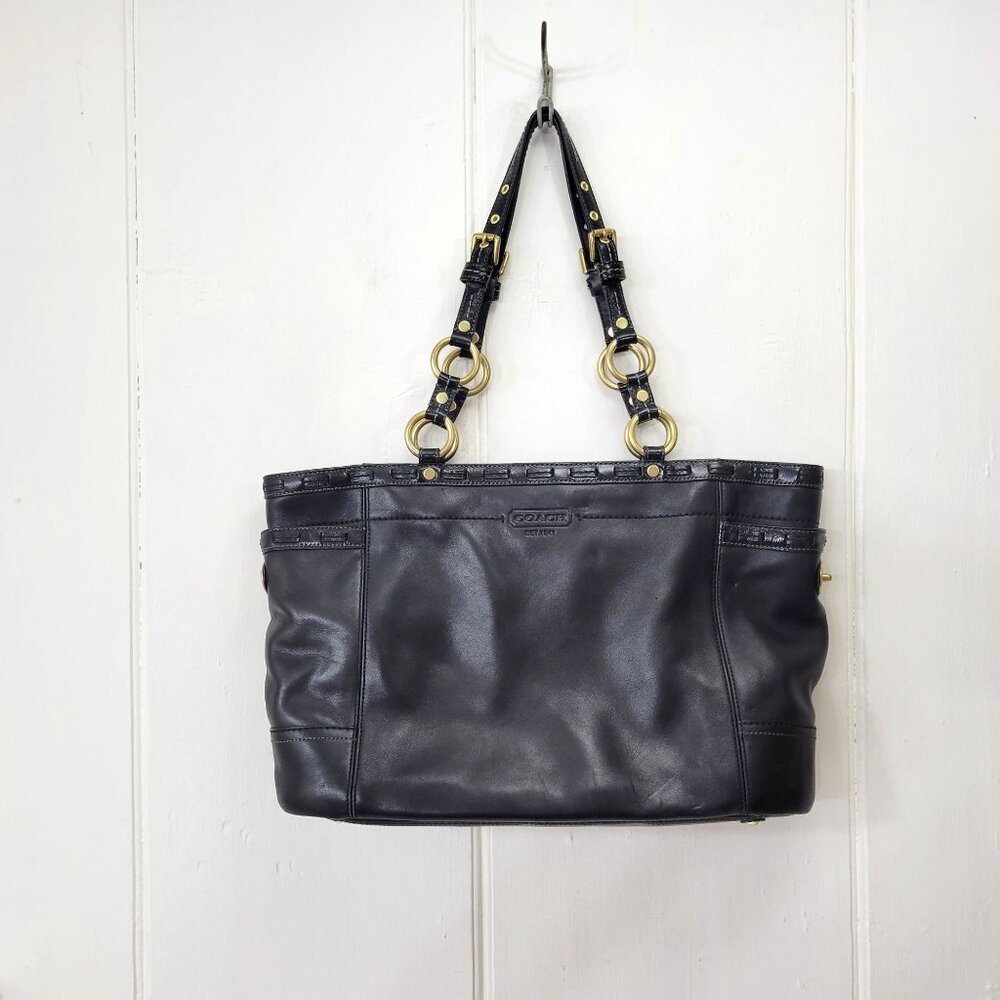 Coach Black Leather Tote Handbag With Gold Hardware & Blue Lining - Picture 9 of 9